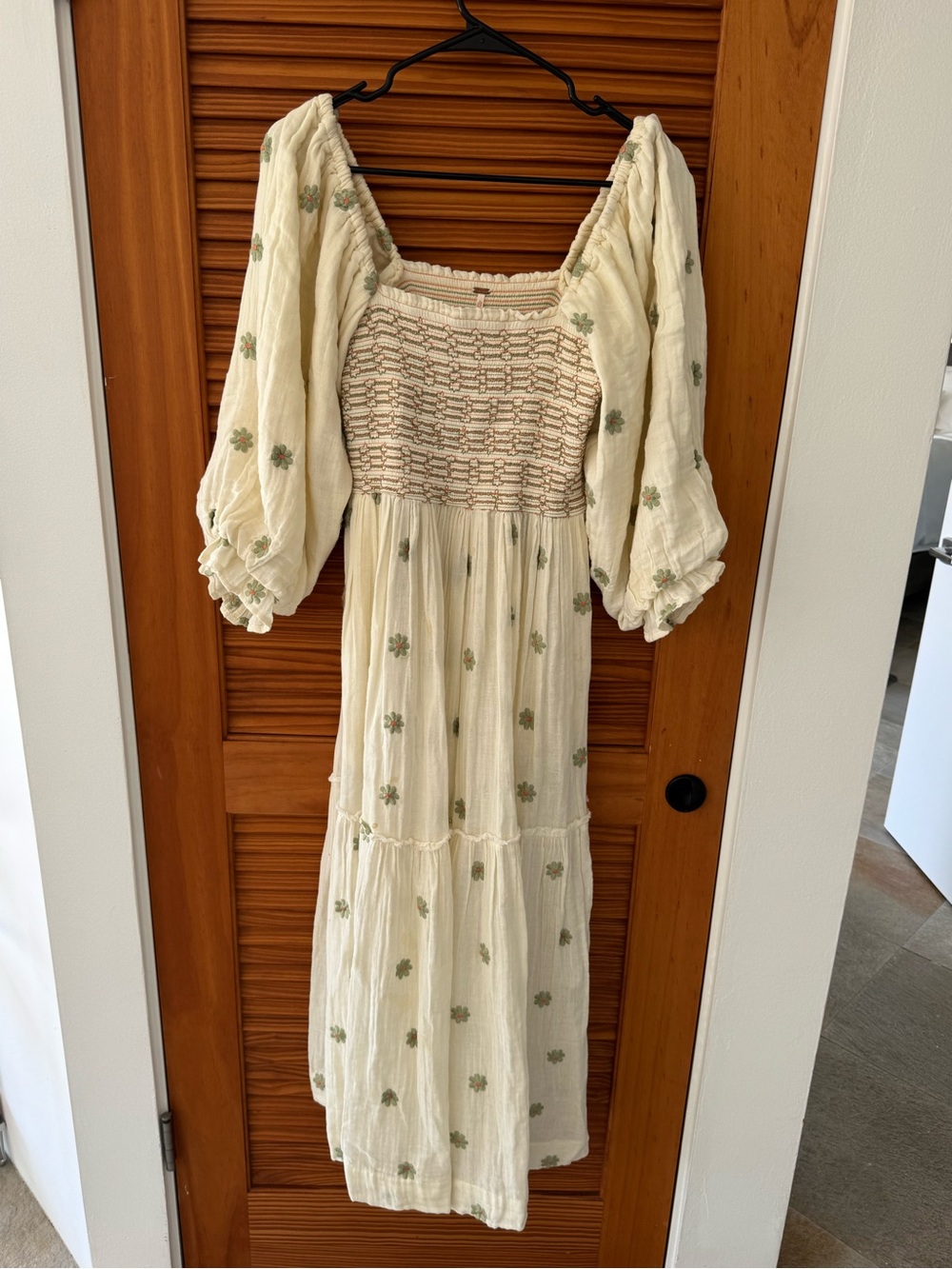 Free People Cream Maxi Dress with Green Floral Embroidery
